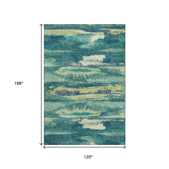 10' X 14' Abstract Washable Area Rug With UV Protection (675000) - Emerald / Ivory / Teal