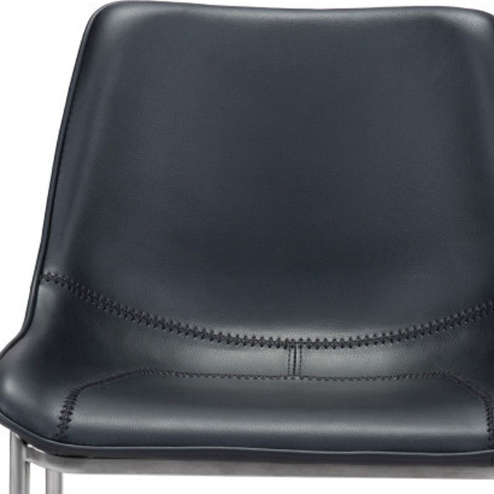 Set of two black and silver steel low back counter height bar chairs with sleek design, perfect for modern kitchen or bar area.