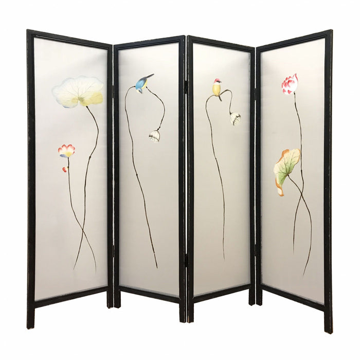 Fabric Folding Four Panel Screen Room Divider - Black And White