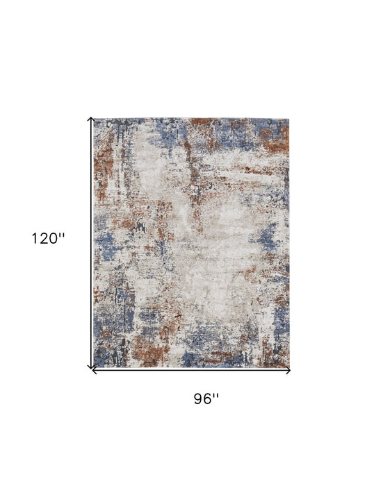 8' x 10' Abstract Power Loom Worn Faded Area Rug - Blue Gray And Brown