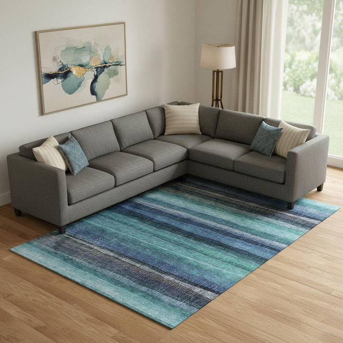 10' X 14' Striped Washable Area Rug With UV Protection (717602) - Teal / Navy Blue