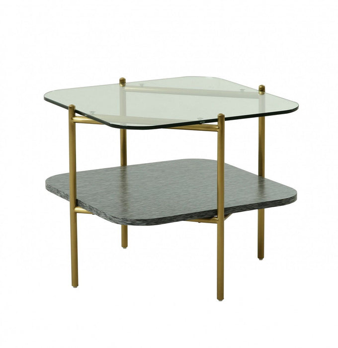 Gold and clear glass and metal square end table with shelf by HomeRoots, featuring a modern design and sleek surface.