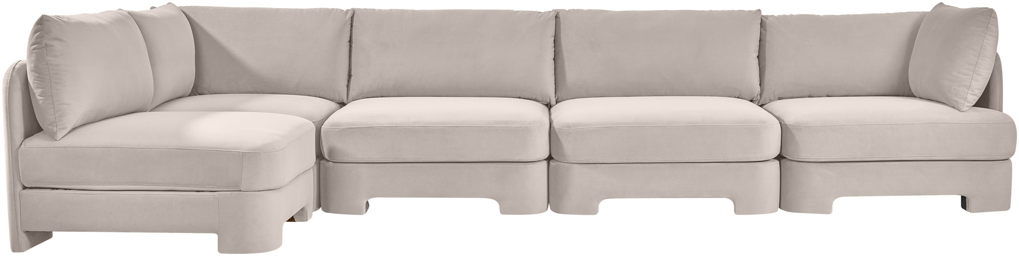 Meridian Furniture Hammond velvet performance fabric L-shaped sectional sofa with five stationary sections, plush upholstery and modern design.