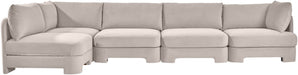 Meridian Furniture Hammond velvet performance fabric L-shaped sectional sofa with five stationary sections, plush upholstery and modern design.