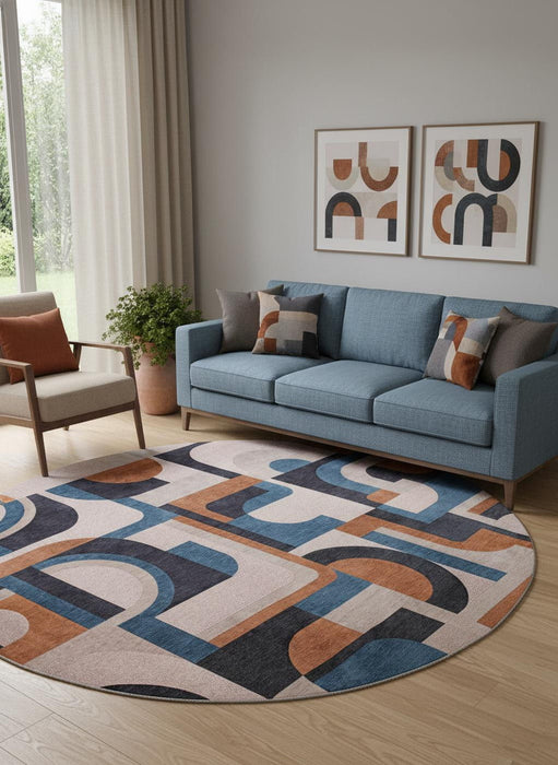 8' Geometric Washable Round Rug (551721) - Gray / Beige