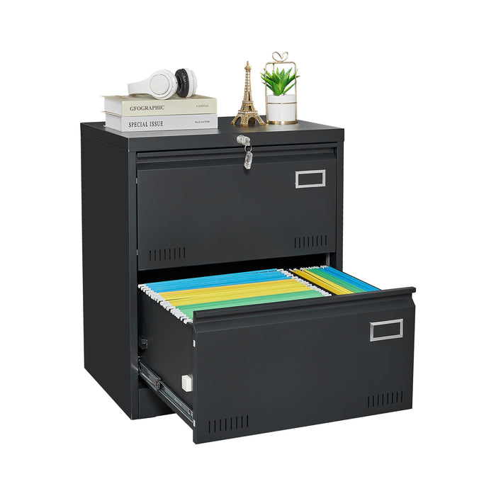 Black Giga 2-drawer metal lateral filing cabinet with lock, designed for home office storage and secure vertical file organization.