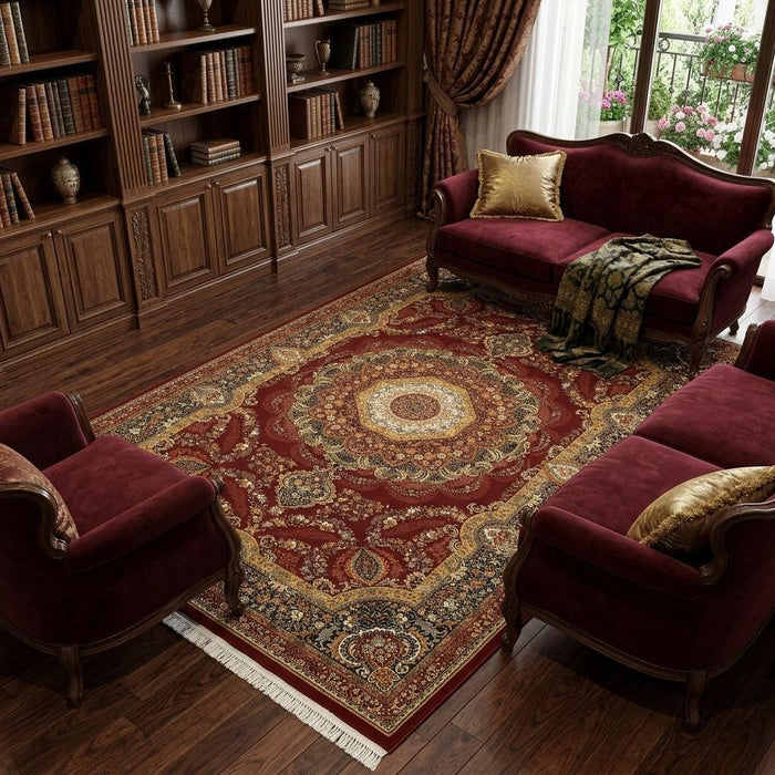8' X 11' Medallion Area Rug With Fringe (574492) - Black / Red / Tan