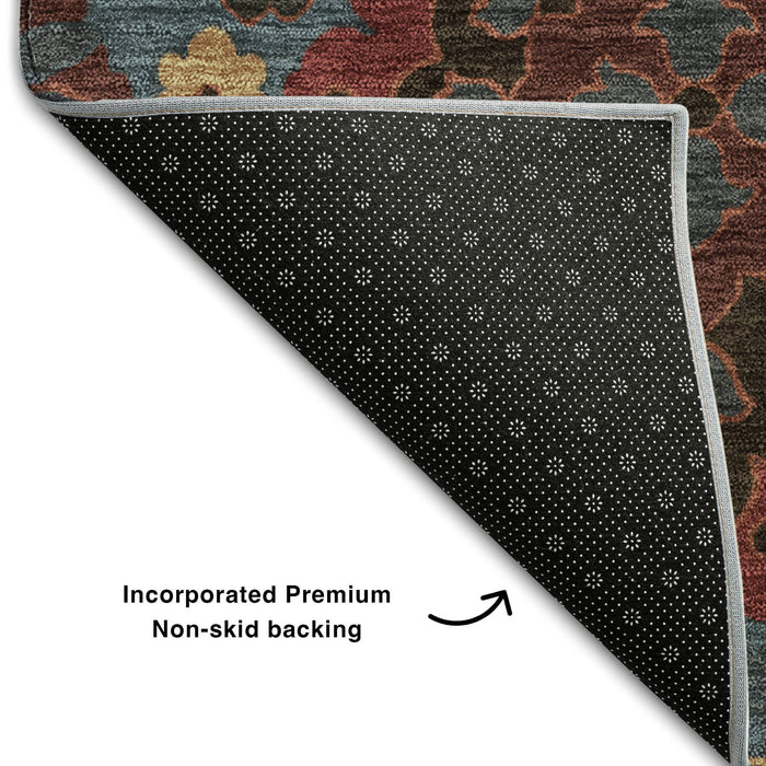 10' X 14' Oriental Washable Area Rug With UV Protection (678844) - Denim Blue / Red / Salmon