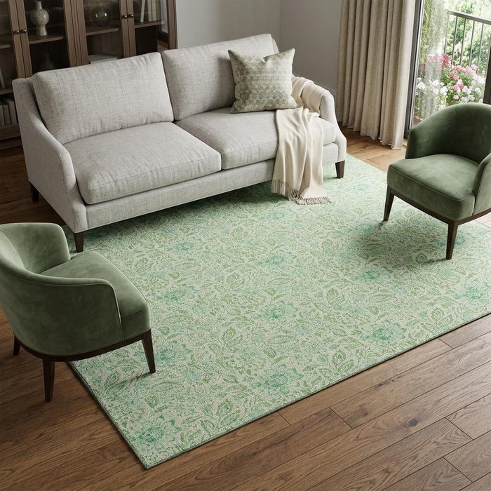 10' X 14' Floral Washable Area Rug With UV Protection (655006) - Sage / Ivory