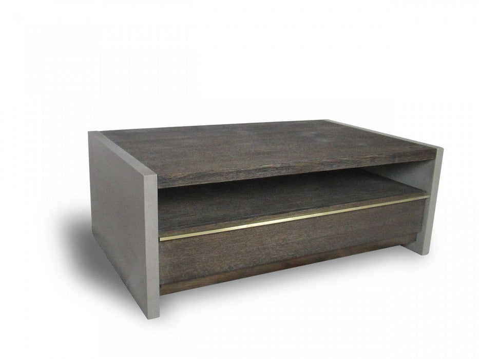 Rectangular Coffee Table With Drawer And Shelf - Dark Gray Walnut And Concrete