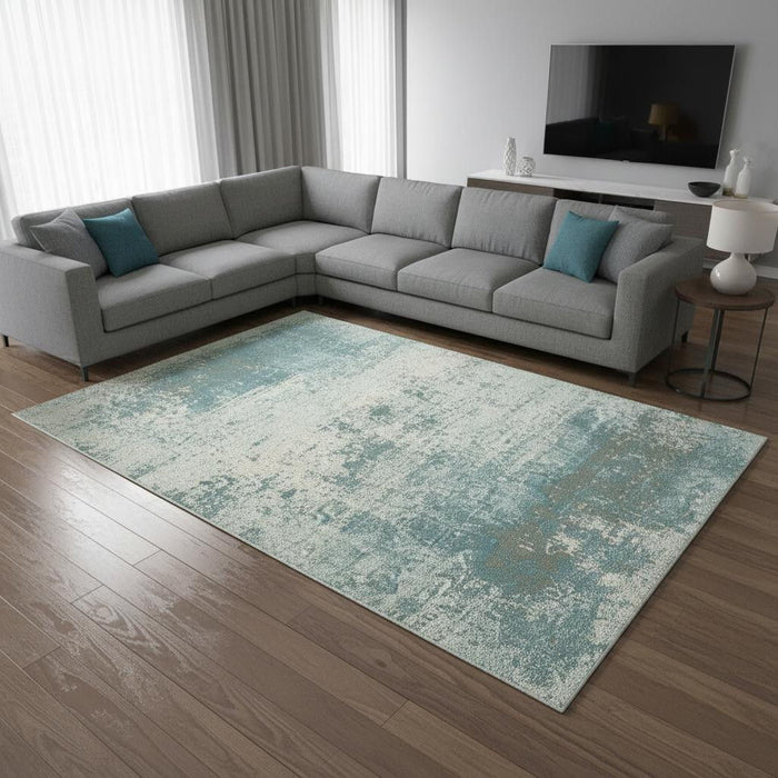 9' X 13' Abstract Washable Area Rug With UV Protection (610104) - Green / White / Gray