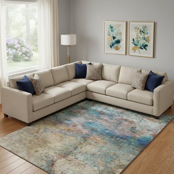 10' X 14' Abstract Washable Area Rug With UV Protection (717797) - Teal / Beige