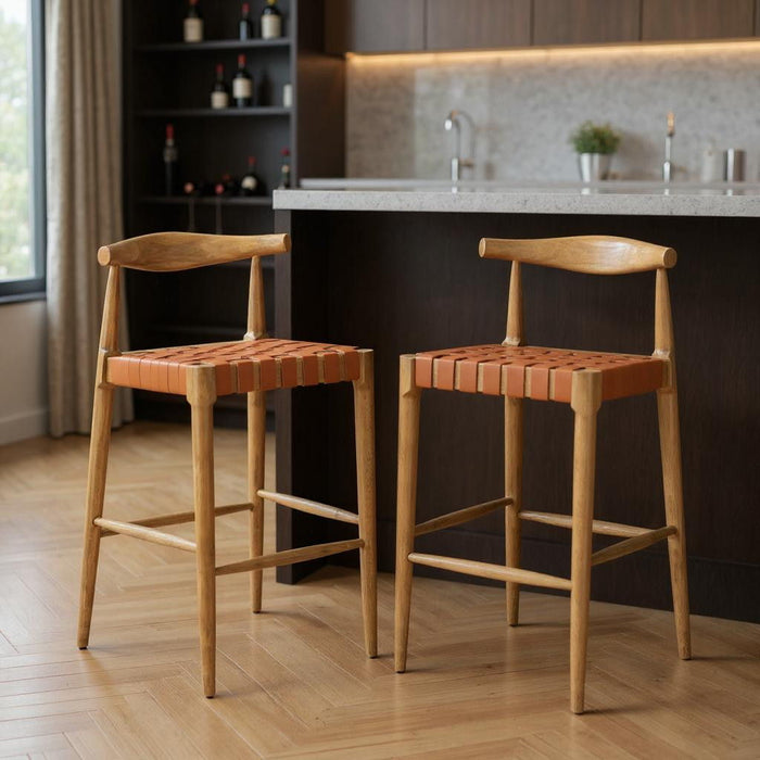 30" Modern Solid Wood And Leather Match Low Back Bar Chairs (Set of 2) - Tan