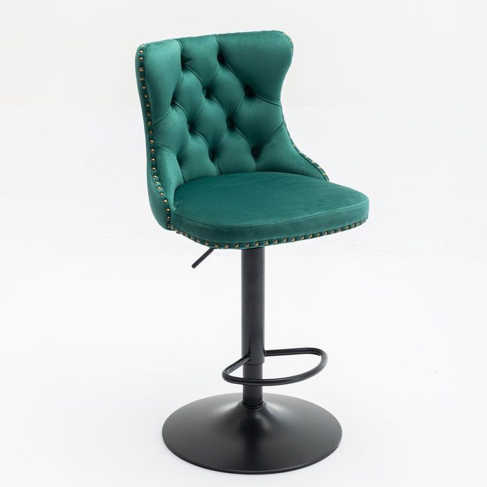 Set of two Giga modern upholstered swivel barstools with adjustable height, tufted backs, suitable for home, pub, or kitchen island.
