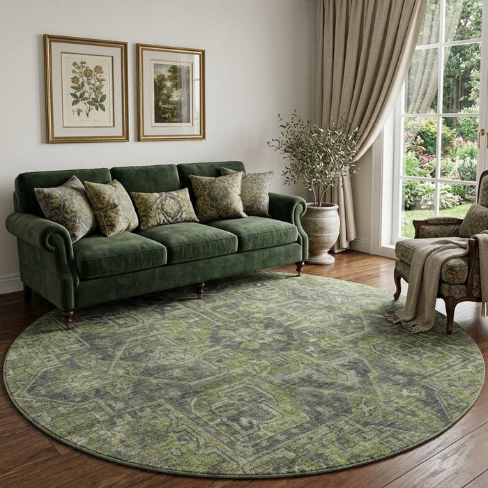 8' Medallion Distressed Washable Round Rug With UV Protection (649741) - Green / Gray