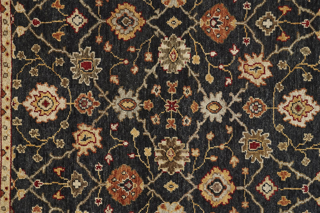 9' x 12' Wool Floral Hand Knotted Stain Resistant Area Rug With Fringe - Black Gold And Gray