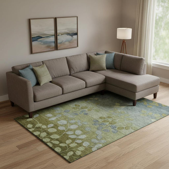 10' X 14' Floral Washable Area Rug With UV Protection (707509) - Olive Green / Gray