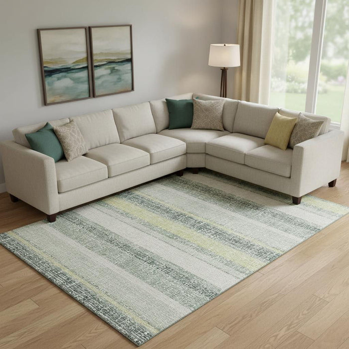 10' X 14' Striped Washable Area Rug With UV Protection (718629) - Pale Aqua / Beige