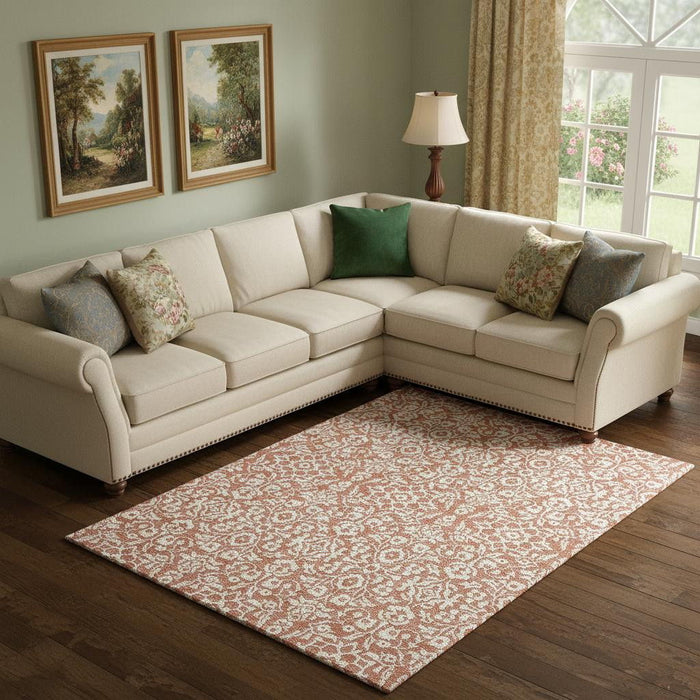 10' X 14' Damask Washable Area Rug With UV Protection (673109) - Coral / Beige