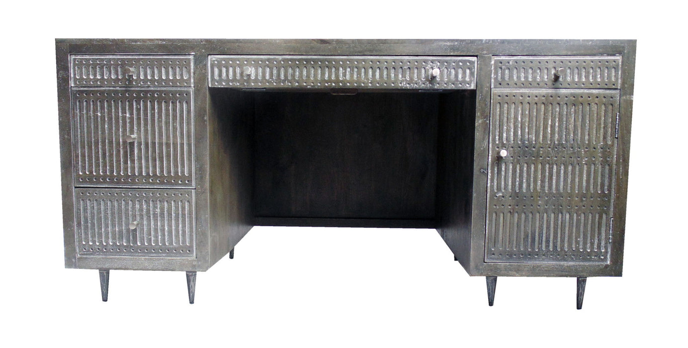 Solid Wood Executive Desk With Five Drawers - Brown And Silver