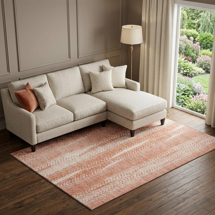 10' X 14' Striped Washable Area Rug With UV Protection (656525) - Coral / Ivory