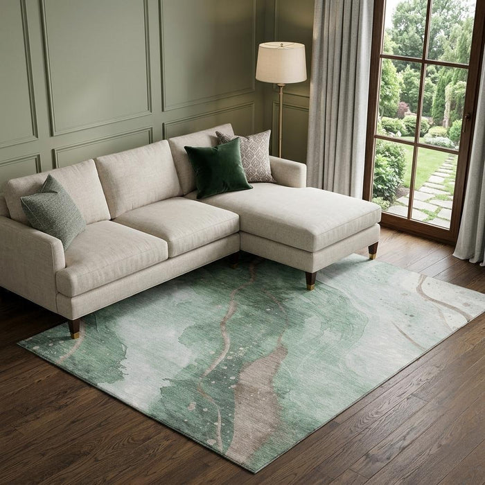 10' X 14' Abstract Washable Area Rug With UV Protection (694242) - Green / Taupe / Ivory