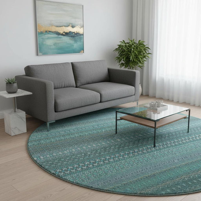 8' Striped Washable Round Rug With UV Protection (647557) - Turquoise / Ivory
