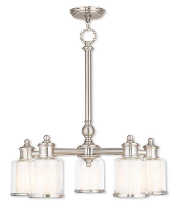 Five Light Metal Dimmable Chandelier With Shades - Nickel / Clear / Opal
