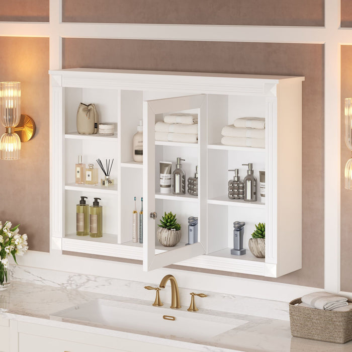 Giga wall-mounted white bathroom medicine cabinet with mirror and six open shelves, featuring adjustable interior storage.