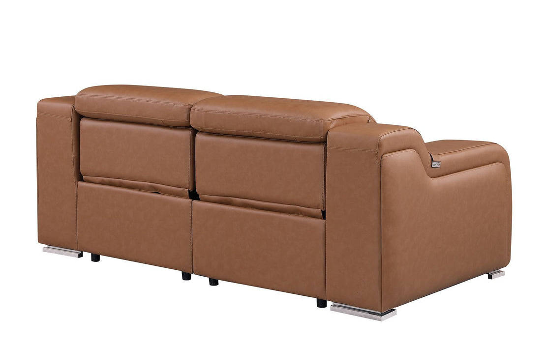 Italian Leather Power Reclining Loveseat With Storage (633752) - Cognac / Silver