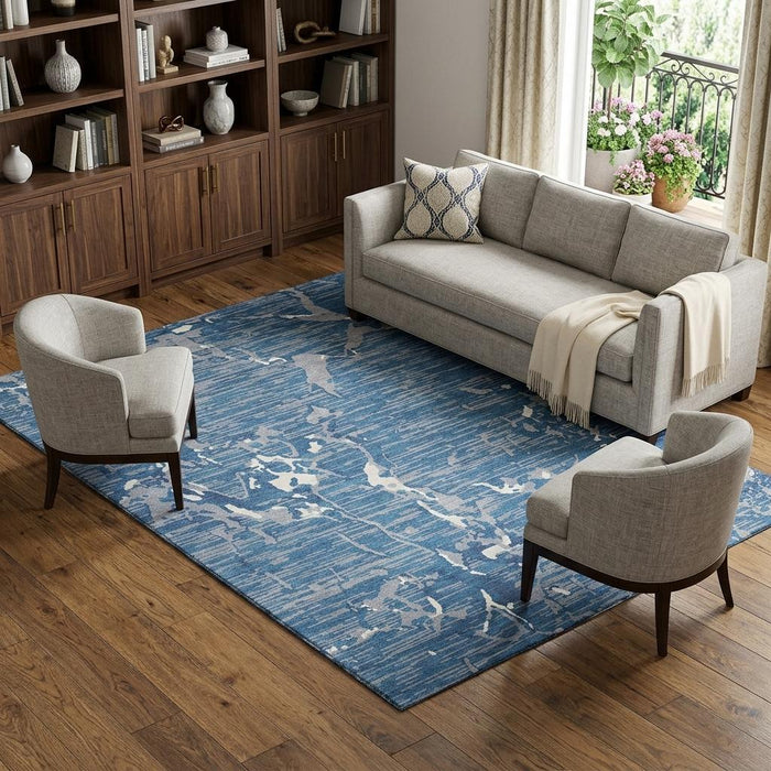 10' X 14' Striped Washable Area Rug With UV Protection (682037) - Blue / Ivory / Gray