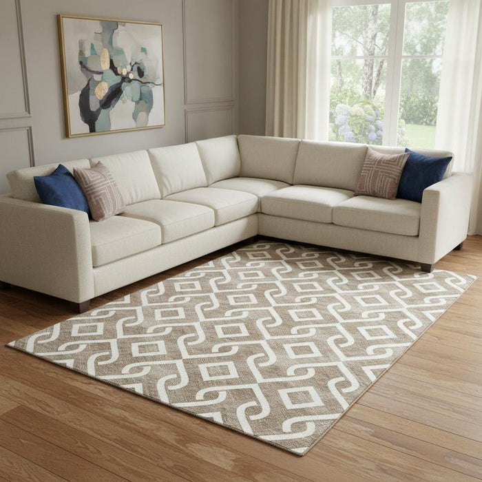 10' X 14' Geometric Washable Area Rug With UV Protection (652485) - Brown / Ivory