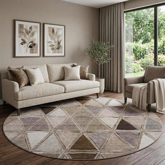 8' Geometric Washable Round Rug With UV Protection (657614) - Brown / Gray / Ivory