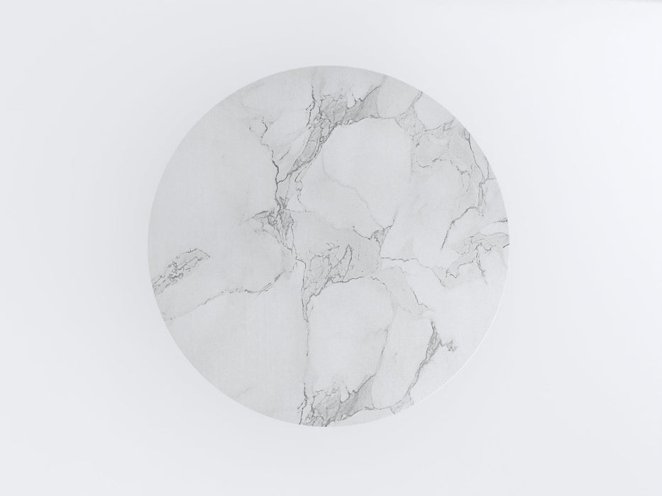 Round white marble and wood pedestal coffee table from HomeRoots, 35-inch diameter with elegant design and sturdy construction.