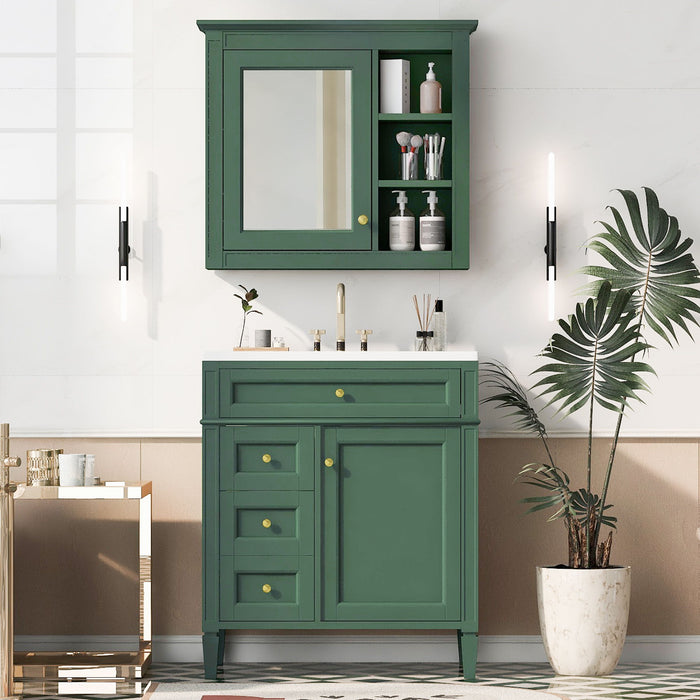 Giga bathroom vanity with medicine cabinet featuring modern design, soft-closing doors, and four drawers for bathroom storage.