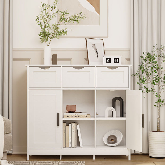 Giga wooden storage cabinet with drawers and shelves, ideal for living room, bedroom, or bathroom organization and decor.