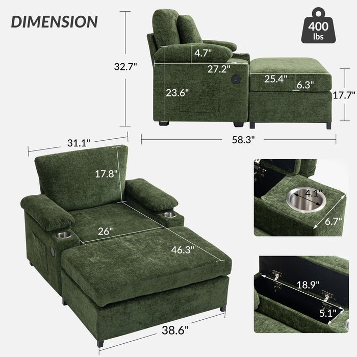 Giga fabric sofa bed chair with built-in cupholders and USB charging ports, designed for living room comfort and style.