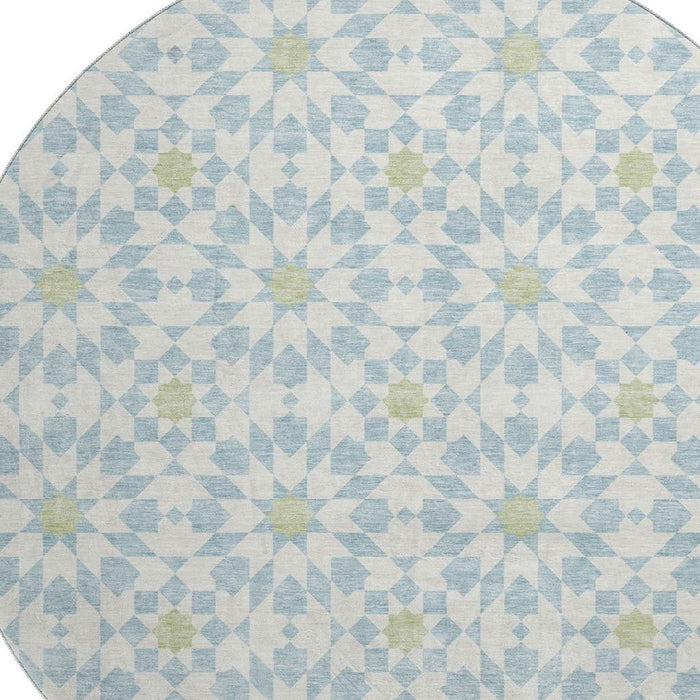 8' Transitional Geometric Washable Round Rug With UV Protection - Sky Blue