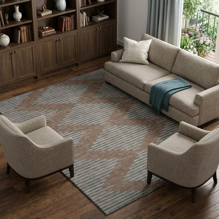 10' X 14' Geometric Washable Area Rug With UV Protection (679804) - Brown / Sky Blue