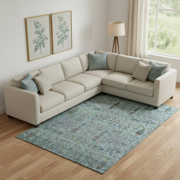 10' X 14' Floral Vines Washable Area Rug With UV Protection (716623) - Teal / Pale Aqua