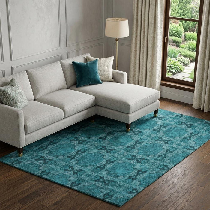 8' X 10' Floral Medallion Washable Area Rug With UV Protection (649520) - Teal / Gray