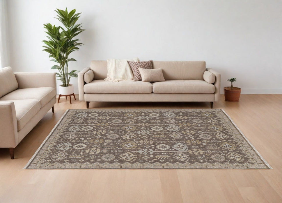 6' x 9' Wool Oriental Hand Knotted Area Rug With Fringe - Tan And Brown