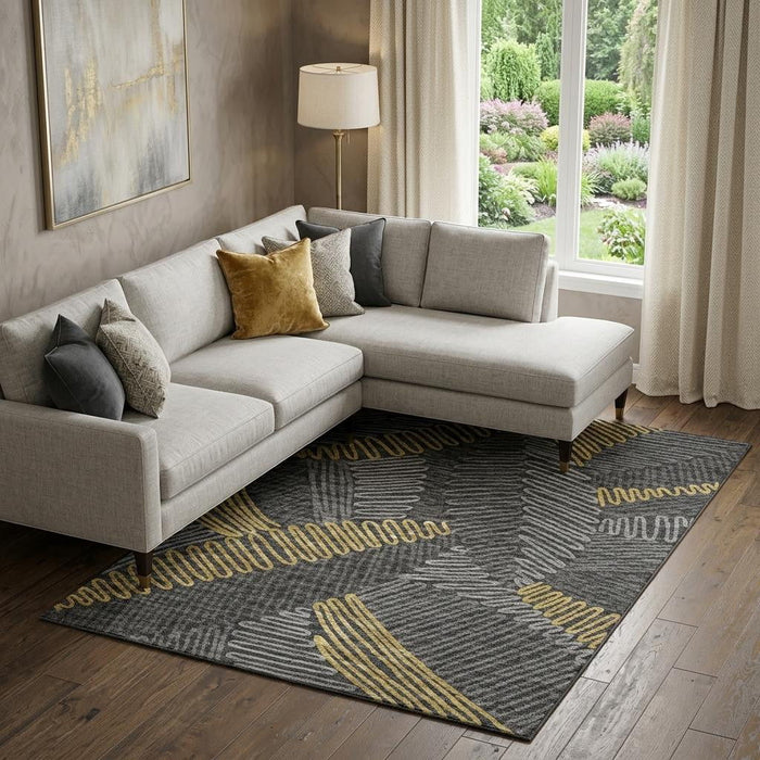 8' X 10' Botanical Leaves Washable Area Rug With UV Protection (645010) - Gray / Gold / Black