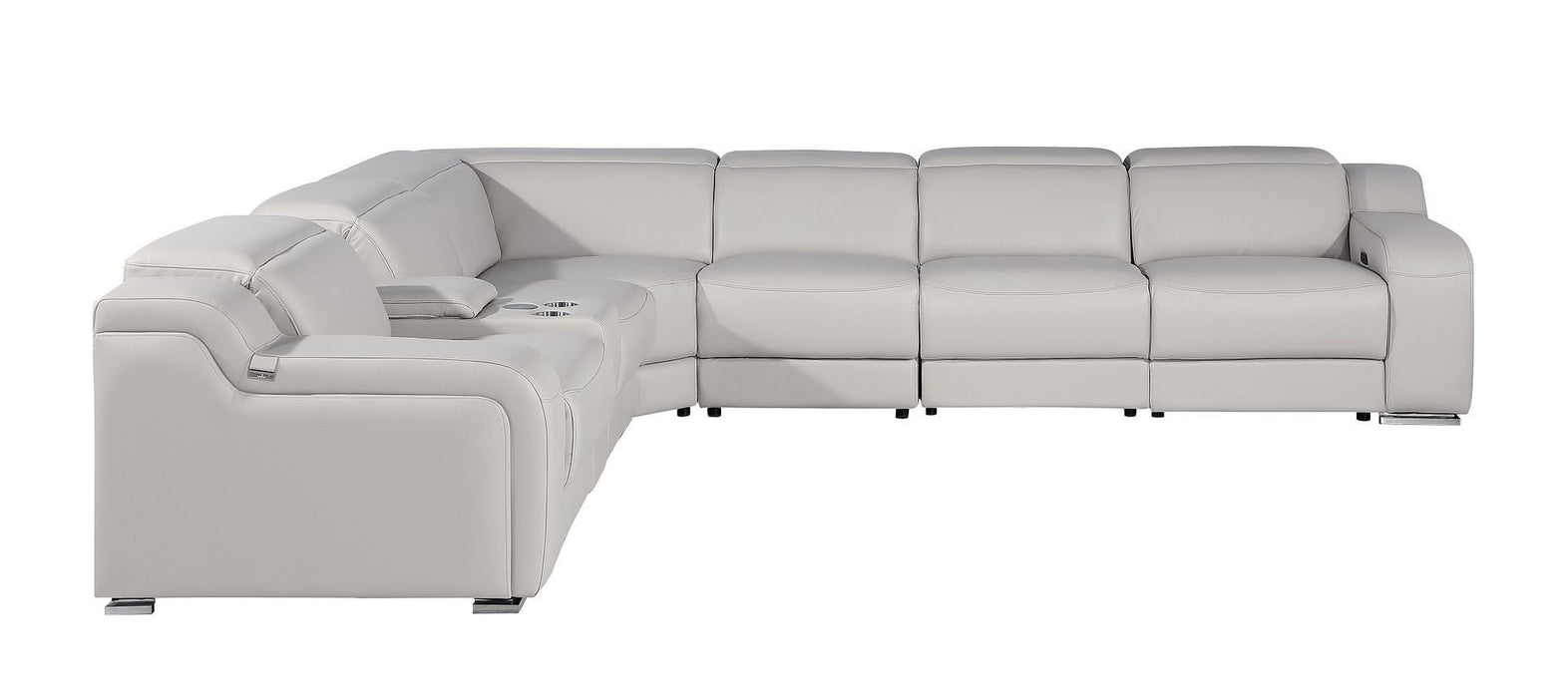 Italian Leather Power Reclining Curved Seven Piece Corner Sectional With Console - Light Gray