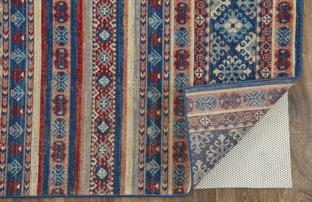 10' x 13' Geometric Power Loom Distressed Stain Resistant Area Rug - Blue Red And Ivory