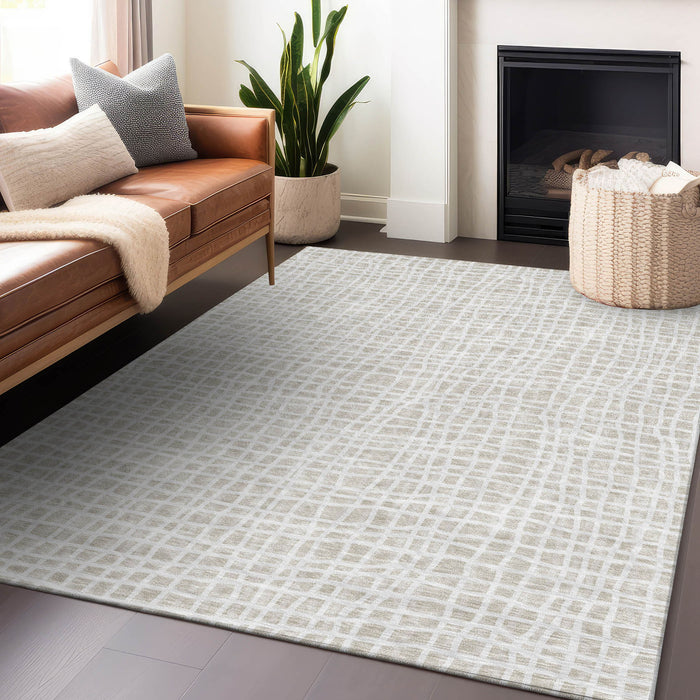 10' X 14' Striped Washable Area Rug With UV Protection - Ivory / Beige
