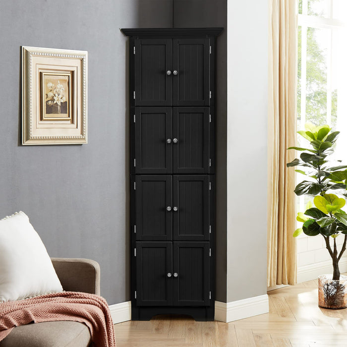 Giga tall accent storage cabinet with doors and four shelves, ideal for living room, kitchen, office, or bedroom storage.
