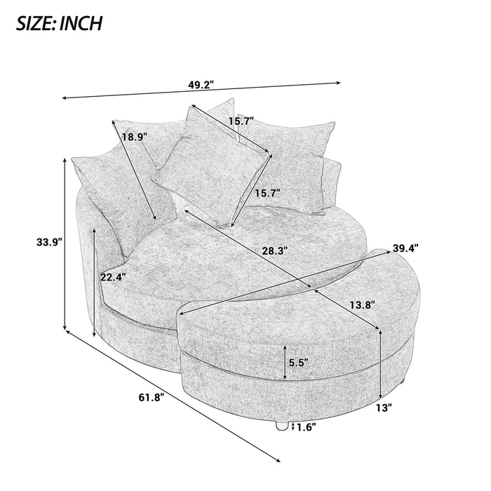 Giga 360° swivel accent barrel chair with storage ottoman, four pillows, modern design, perfect for living room relaxation.