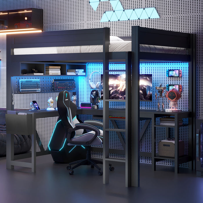 Giga gaming loft bed with built-in desk, storage shelves, LED lights, and charging station for a functional and stylish bedroom setup.