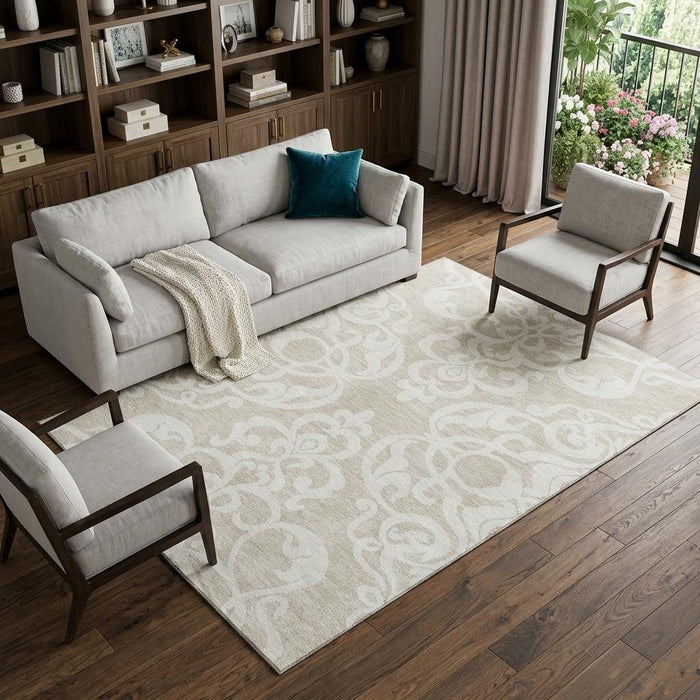 10' X 14' Damask Washable Area Rug With UV Protection (676896) - Beige / Ivory